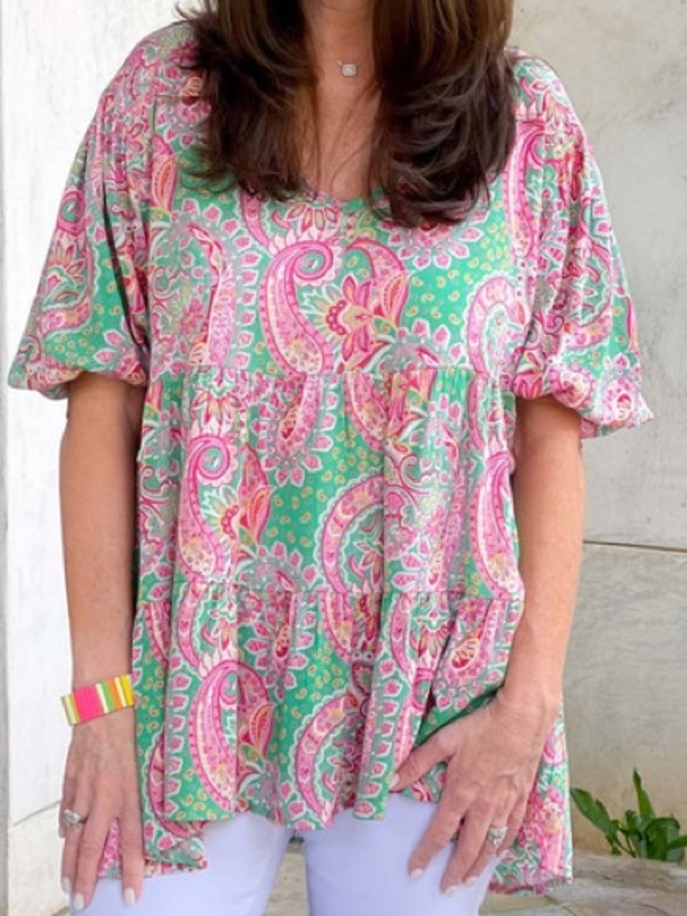 BiBi Boutique Pink & Green Paisley V-Neck Peplum Tunic Blouse Size Medium
